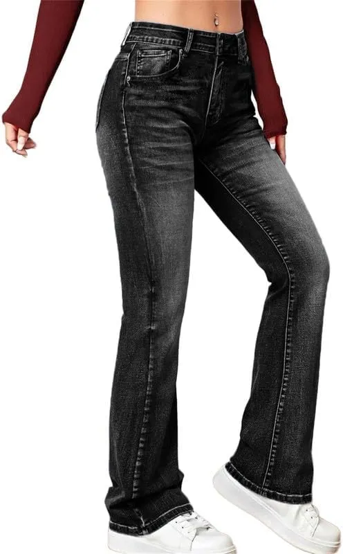 Andongnywell Women's Retro Mid Waisted Bootcut Jeans Plus Size Slim Fit Boot cuts Jeans Trousers