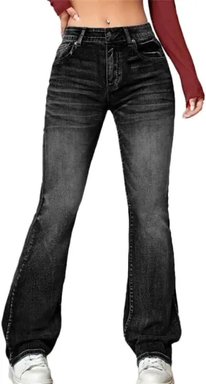 Andongnywell Women's Retro Mid Waisted Bootcut Jeans Plus Size Slim Fit Boot cuts Jeans Trousers