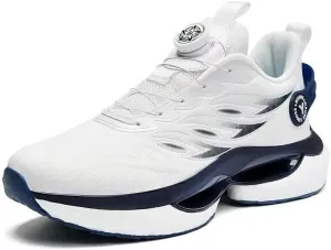 Athletic Running Shoes, White and Navy Blue, Cushioned Sole, Breathable Mesh