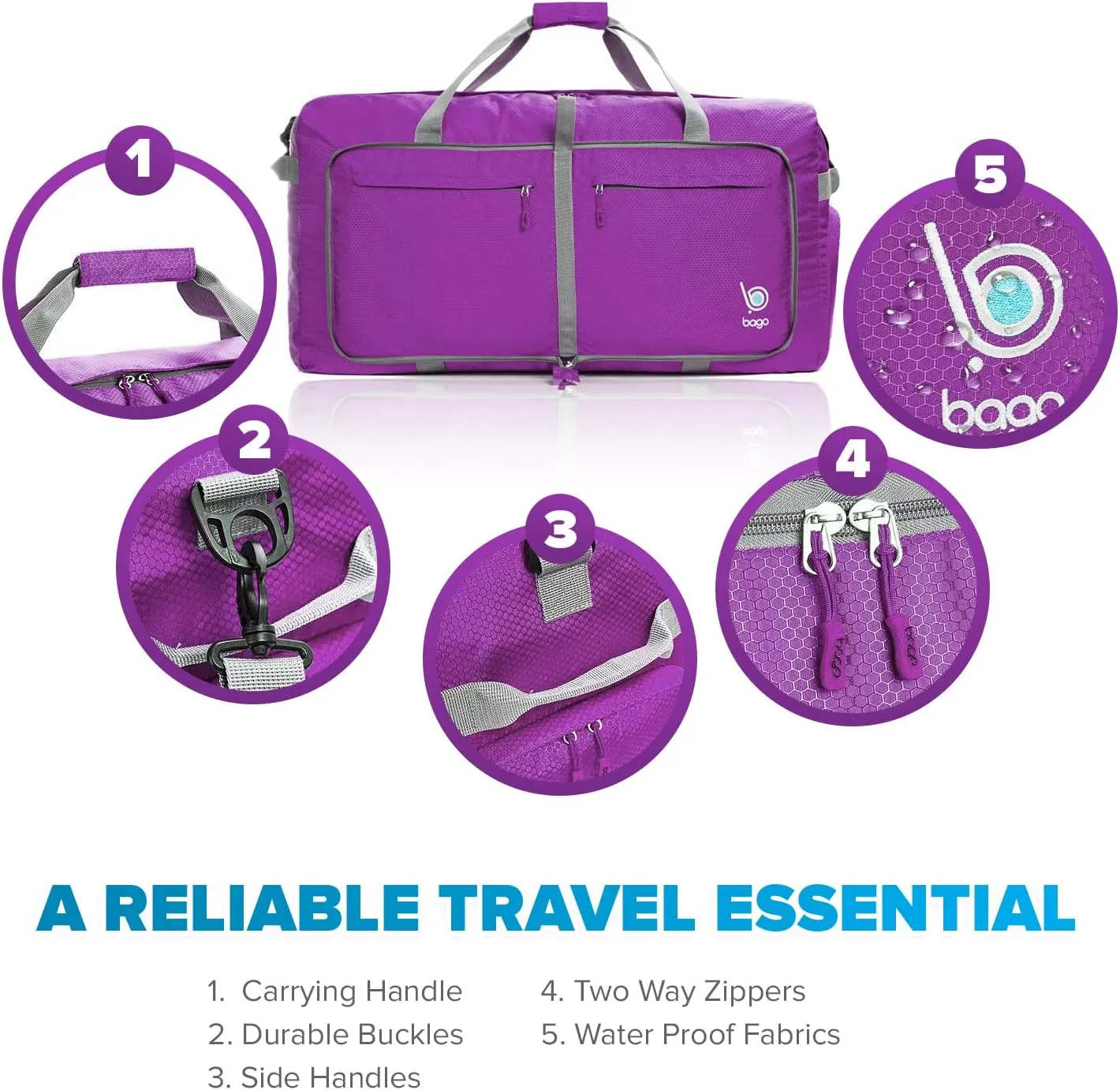 Bago Foldable Duffel Bags for Traveling Women & Men - 60L Medium Packable Duffle Bag for Travel with Shoe Compartment - Water Repellant, Heavy Duty, Lightweight Folding & Collapsible (Purple)