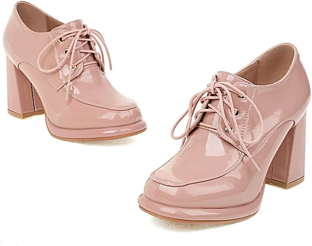 Betastella Women's Chunky Patent Leather Oxfords Platform High Heels Lace Up Pumps