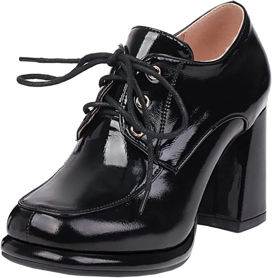 Betastella Women's Chunky Patent Leather Oxfords Platform High Heels Lace Up Pumps