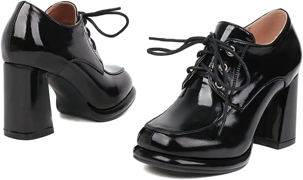 Betastella Women's Chunky Patent Leather Oxfords Platform High Heels Lace Up Pumps