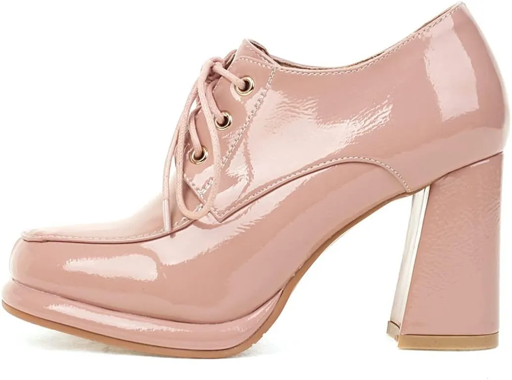 Betastella Women's Chunky Patent Leather Oxfords Platform High Heels Lace Up Pumps