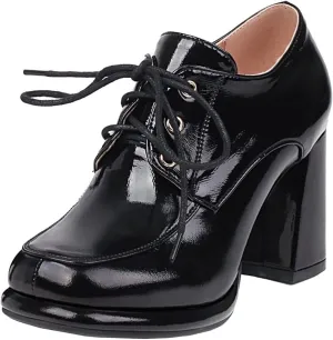 Betastella Women's Chunky Patent Leather Oxfords Platform High Heels Lace Up Pumps