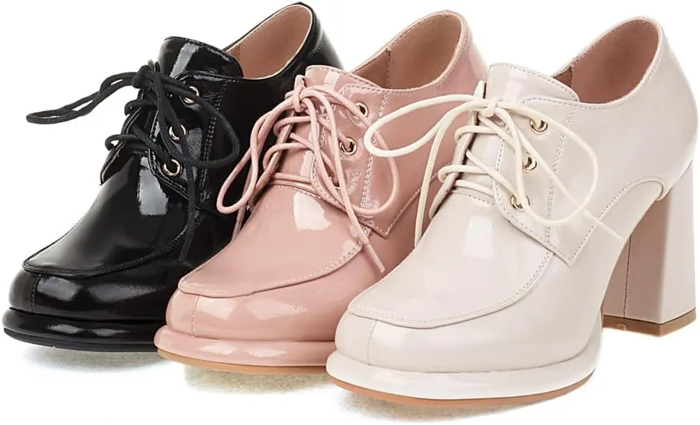 Betastella Women's Chunky Patent Leather Oxfords Platform High Heels Lace Up Pumps