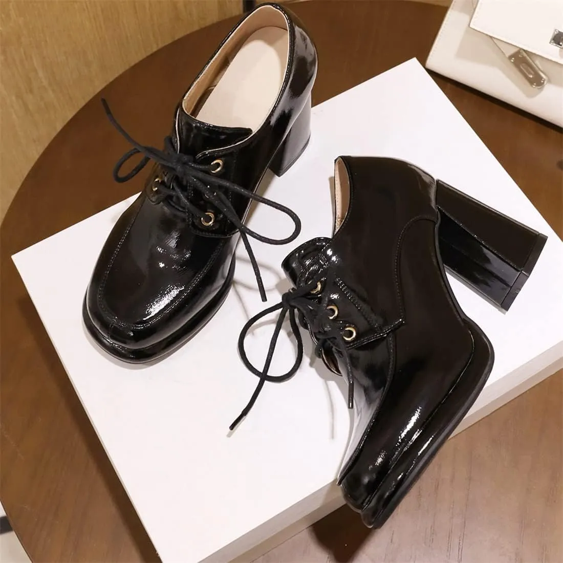Betastella Women's Chunky Patent Leather Oxfords Platform High Heels Lace Up Pumps