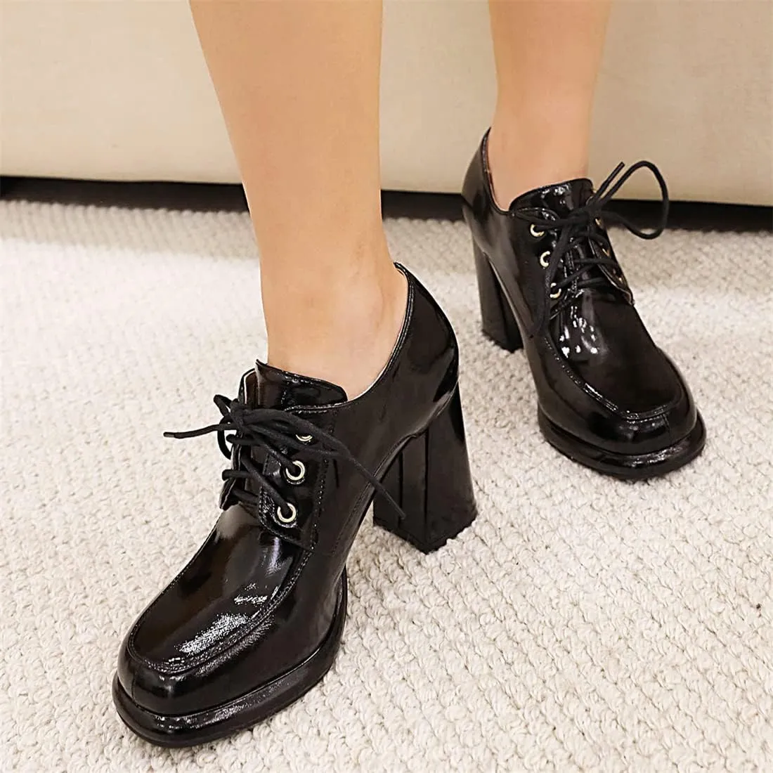 Betastella Women's Chunky Patent Leather Oxfords Platform High Heels Lace Up Pumps