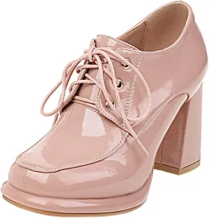 Betastella Women's Chunky Patent Leather Oxfords Platform High Heels Lace Up Pumps