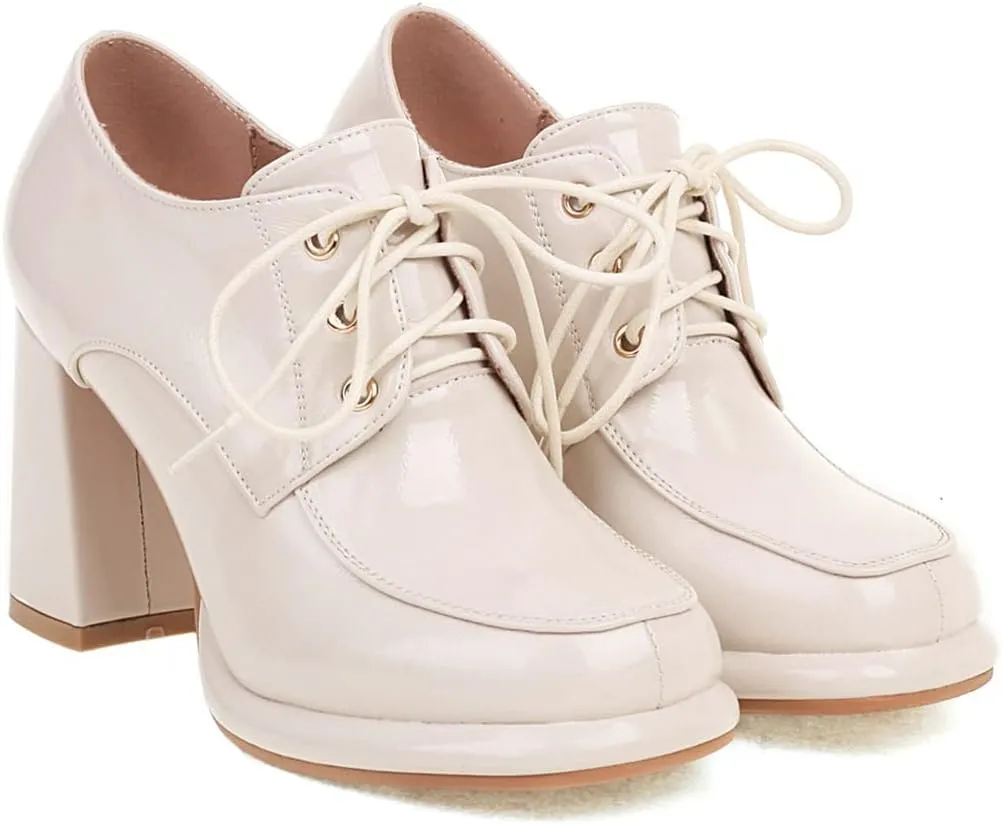 Betastella Women's Chunky Patent Leather Oxfords Platform High Heels Lace Up Pumps
