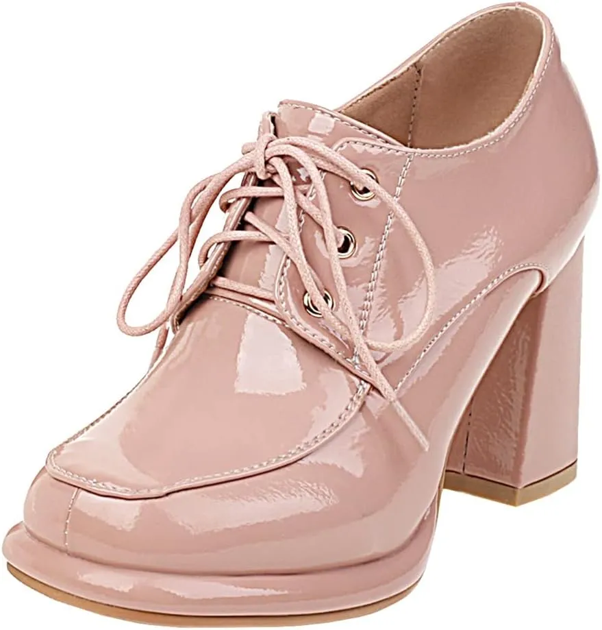Betastella Women's Chunky Patent Leather Oxfords Platform High Heels Lace Up Pumps