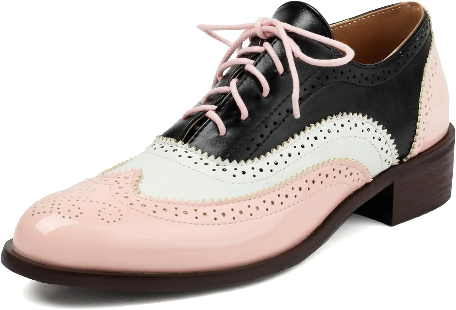 Betastella Womens Lace Up Wingtip Oxford Shoes Vintage Brogue Oxfords Round Toe Chunky Low Heel Pumps Shoes