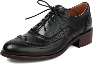 Betastella Womens Lace Up Wingtip Oxford Shoes Vintage Brogue Oxfords Round Toe Chunky Low Heel Pumps Shoes