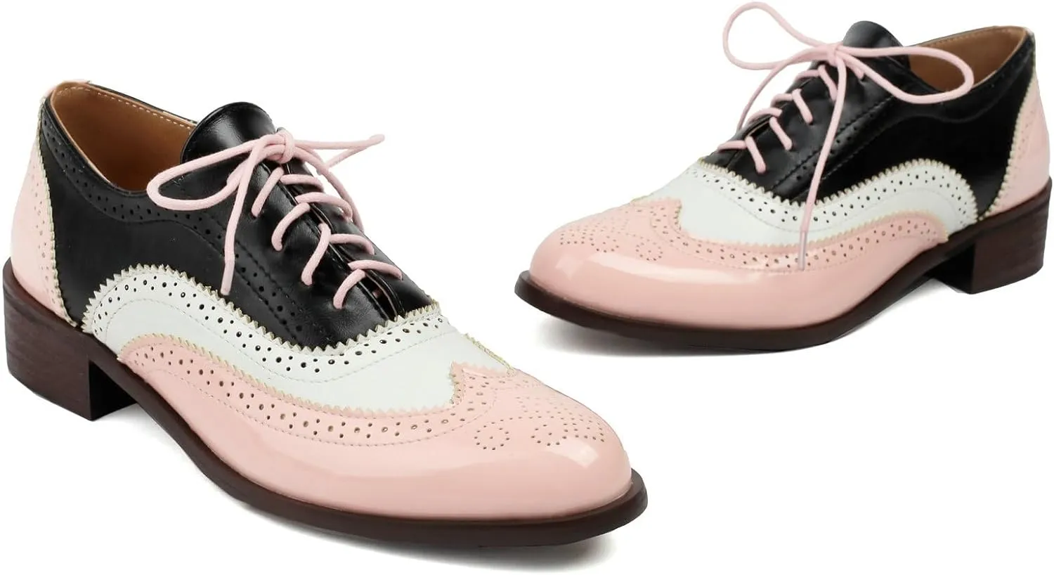 Betastella Womens Lace Up Wingtip Oxford Shoes Vintage Brogue Oxfords Round Toe Chunky Low Heel Pumps Shoes