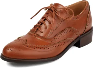 Betastella Womens Lace Up Wingtip Oxford Shoes Vintage Brogue Oxfords Round Toe Chunky Low Heel Pumps Shoes