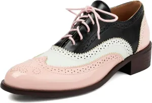 Betastella Womens Lace Up Wingtip Oxford Shoes Vintage Brogue Oxfords Round Toe Chunky Low Heel Pumps Shoes