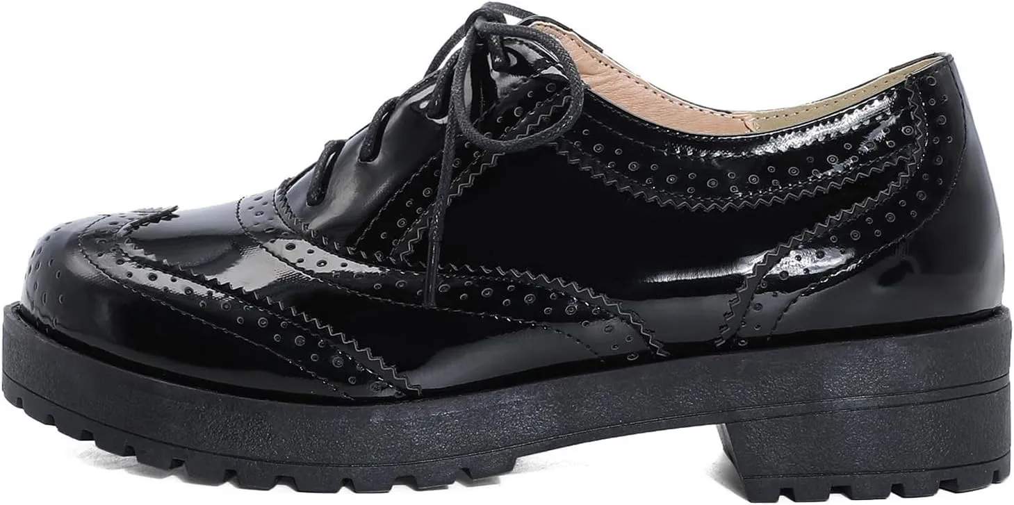 Betastella Women's Patent Leather Oxfords Chunky Heels Lace Up Brogue Shoes
