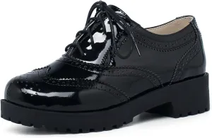 Betastella Women's Patent Leather Oxfords Chunky Heels Lace Up Brogue Shoes