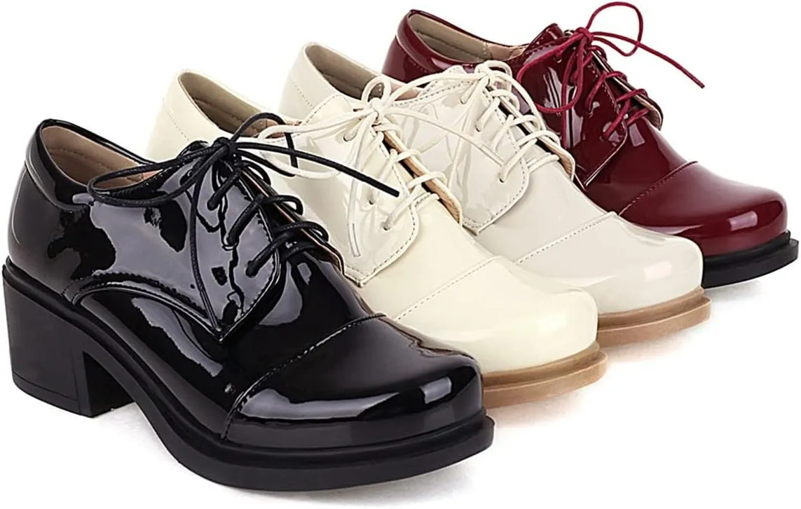 Betastella Women's Patent Leather Oxfords Chunky Heels Lace Up Brogue Shoes