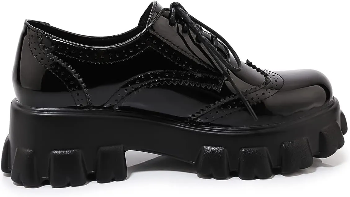 Betastella Women's Patent Leather Oxfords Chunky Heels Lace Up Brogue Shoes