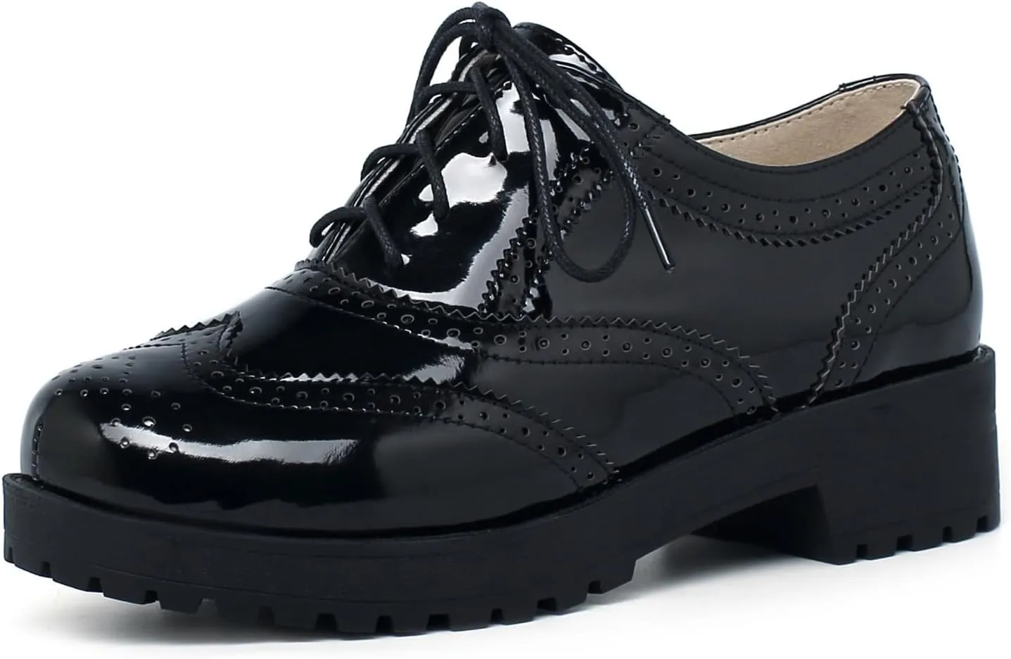Betastella Women's Patent Leather Oxfords Chunky Heels Lace Up Brogue Shoes
