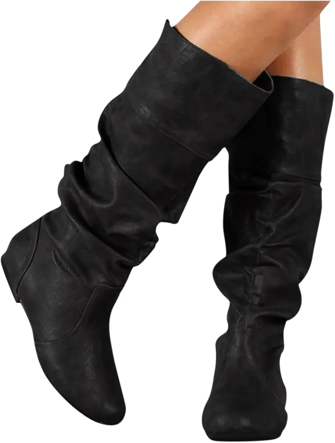 Boots for Women Knee High,Wide Calf Leather Boots Slouchy Ruched Flat Boots Pull On Tall Boots Casual Walking Shoes