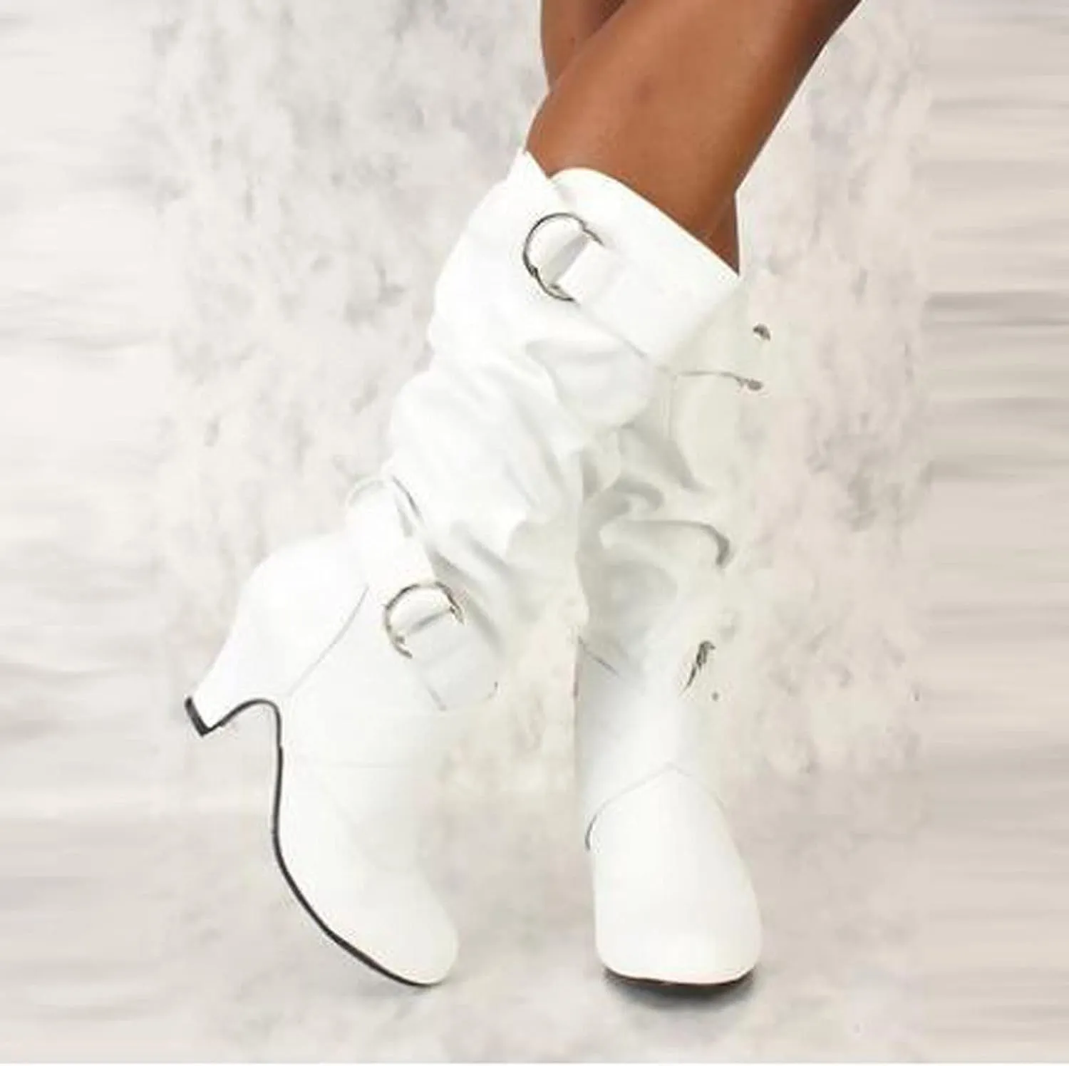Boots for Women Wide Calf,Pull On Mid Heel Winter Shoes Buckle Strap Knee High Booties with Zip Goth Leather Boots