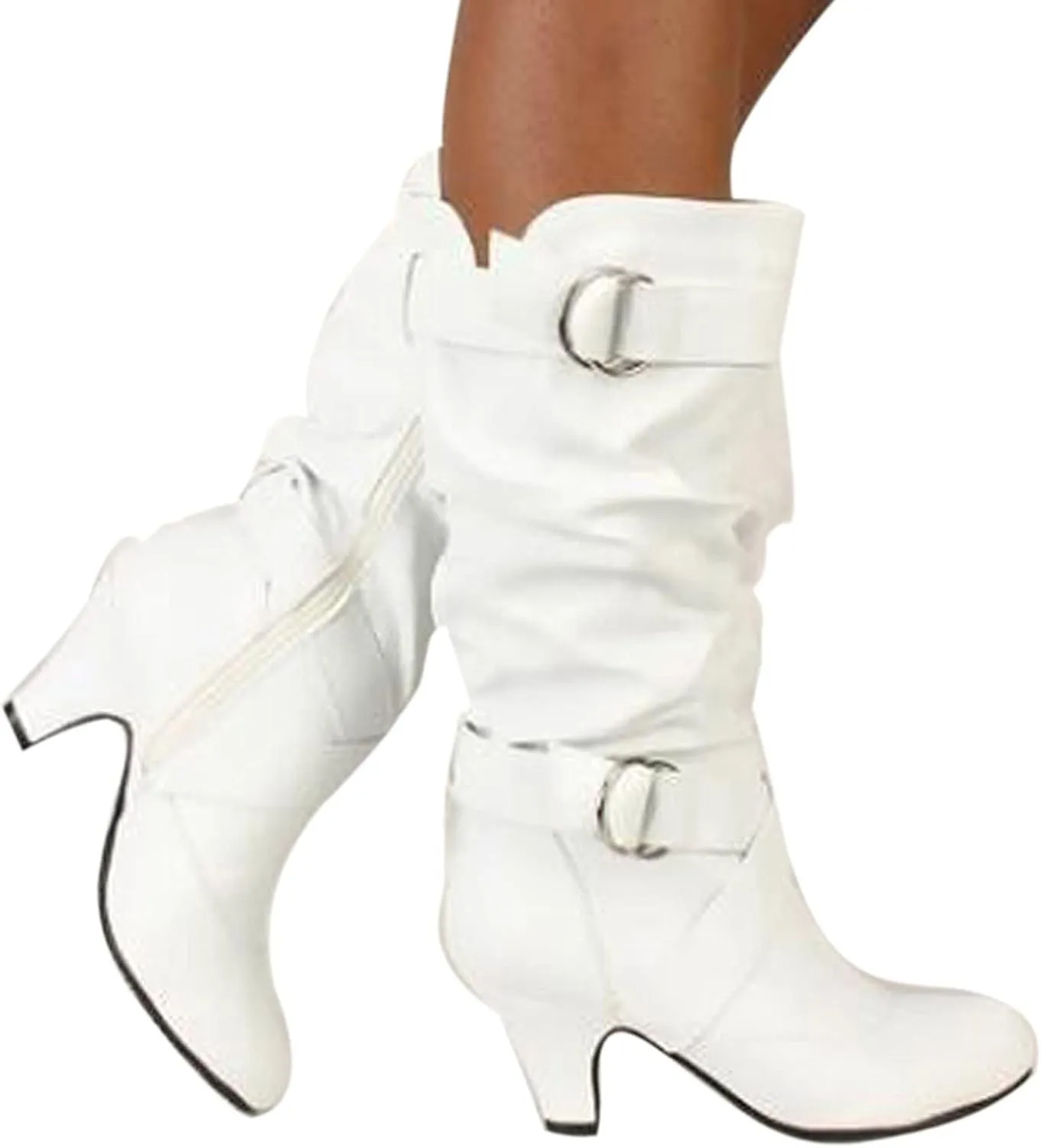 Boots for Women Wide Calf,Pull On Mid Heel Winter Shoes Buckle Strap Knee High Booties with Zip Goth Leather Boots