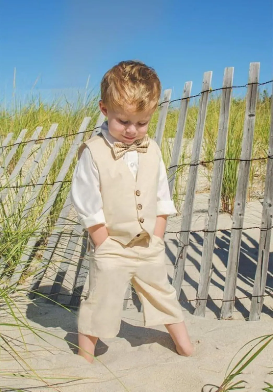 Boys Linen Shorts Suit Summer Vest Suit Set for Boys Slim Fit Formal 3 Piece Kids Tuxedo Beach Wedding Outfit with Tie