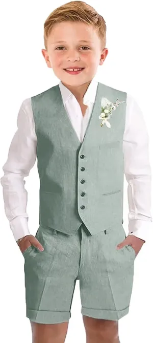 Boys Linen Shorts Suit Summer Vest Suit Set for Boys Slim Fit Formal 3 Piece Kids Tuxedo Beach Wedding Outfit with Tie