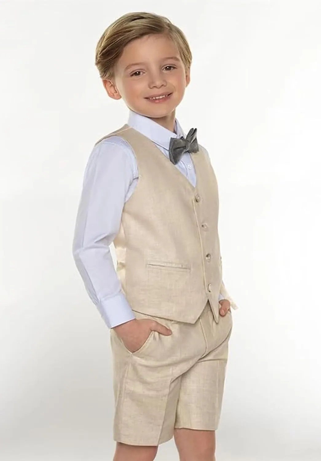Boys Linen Shorts Suit Summer Vest Suit Set for Boys Slim Fit Formal 3 Piece Kids Tuxedo Beach Wedding Outfit with Tie