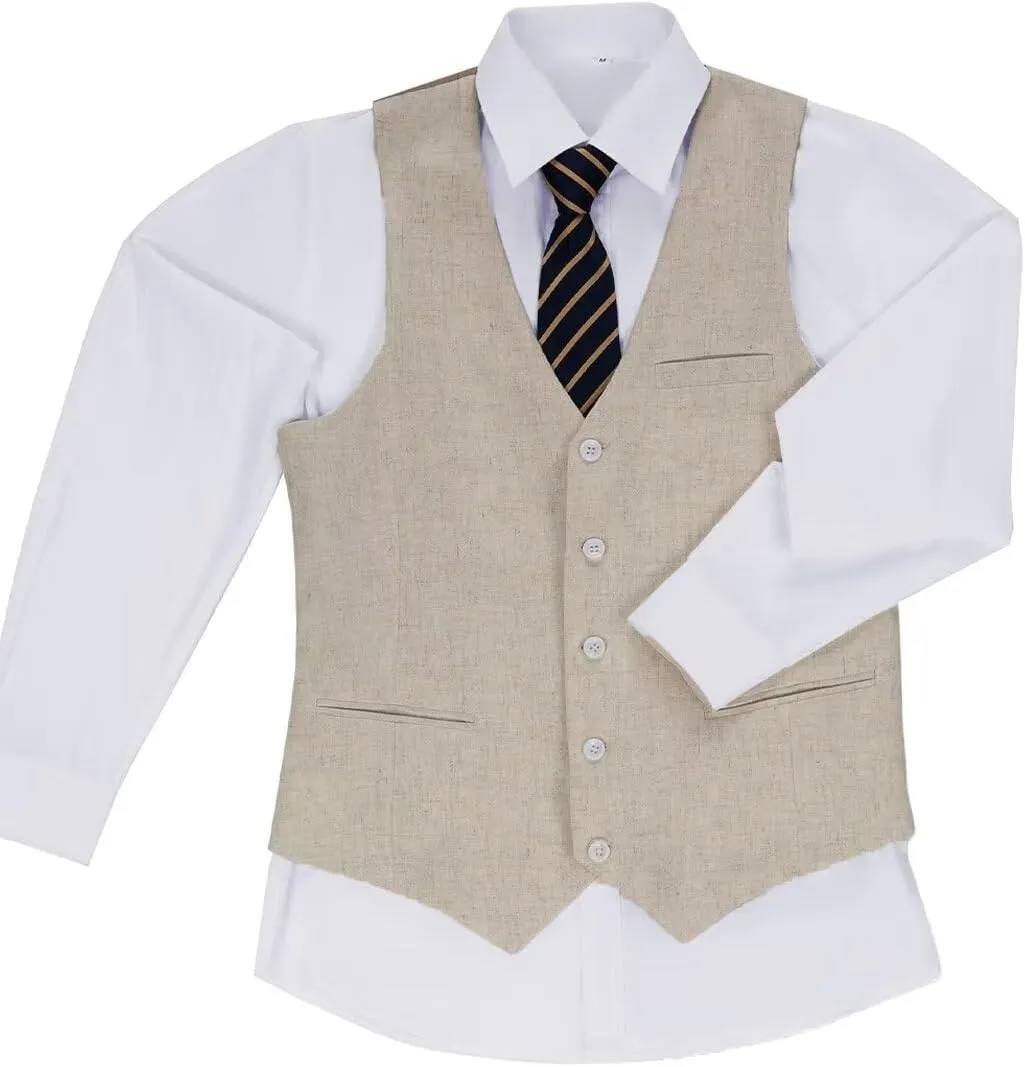 Boys Linen Shorts Suit Summer Vest Suit Set for Boys Slim Fit Formal 3 Piece Kids Tuxedo Beach Wedding Outfit with Tie