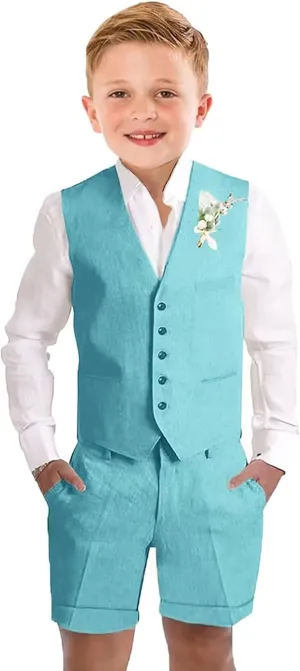 Boys Linen Shorts Suit Summer Vest Suit Set for Boys Slim Fit Formal 3 Piece Kids Tuxedo Beach Wedding Outfit with Tie