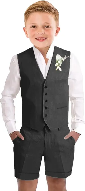 Boys Linen Shorts Suit Summer Vest Suit Set for Boys Slim Fit Formal 3 Piece Kids Tuxedo Beach Wedding Outfit with Tie