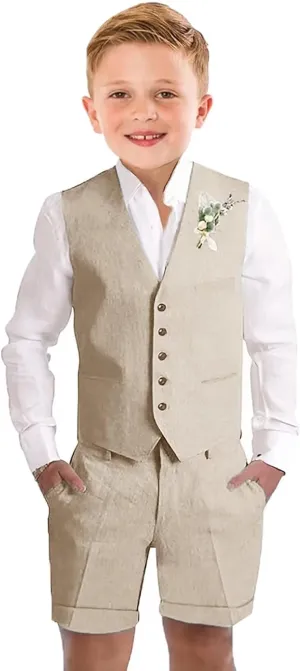 Boys Linen Shorts Suit Summer Vest Suit Set for Boys Slim Fit Formal 3 Piece Kids Tuxedo Beach Wedding Outfit with Tie