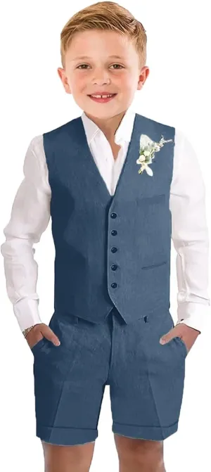 Boys Linen Shorts Suit Summer Vest Suit Set for Boys Slim Fit Formal 3 Piece Kids Tuxedo Beach Wedding Outfit with Tie