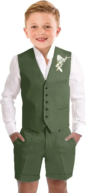 Boys Linen Shorts Suit Summer Vest Suit Set for Boys Slim Fit Formal 3 Piece Kids Tuxedo Beach Wedding Outfit with Tie
