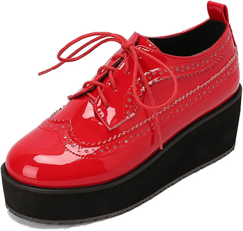 ClassicSter Women's Platform Lace Up Patent Leather Wingtips Round Toe Casual Oxford Shoes Brogues