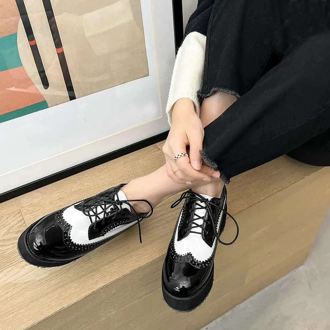 ClassicSter Women's Platform Lace Up Patent Leather Wingtips Round Toe Casual Oxford Shoes Brogues