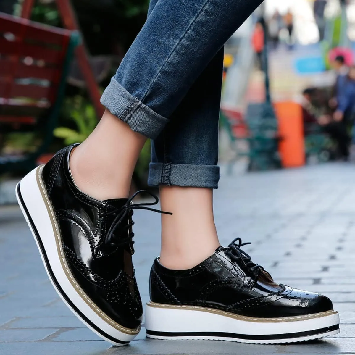 ClassicSter Women's Platform Lace Up Patent Leather Wingtips Round Toe Casual Oxford Shoes Brogues
