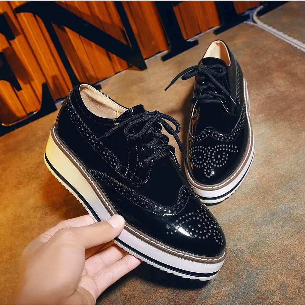 ClassicSter Women's Platform Lace Up Patent Leather Wingtips Round Toe Casual Oxford Shoes Brogues