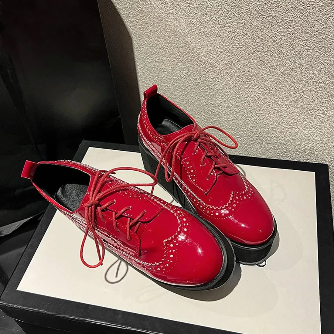 ClassicSter Women's Platform Lace Up Patent Leather Wingtips Round Toe Casual Oxford Shoes Brogues