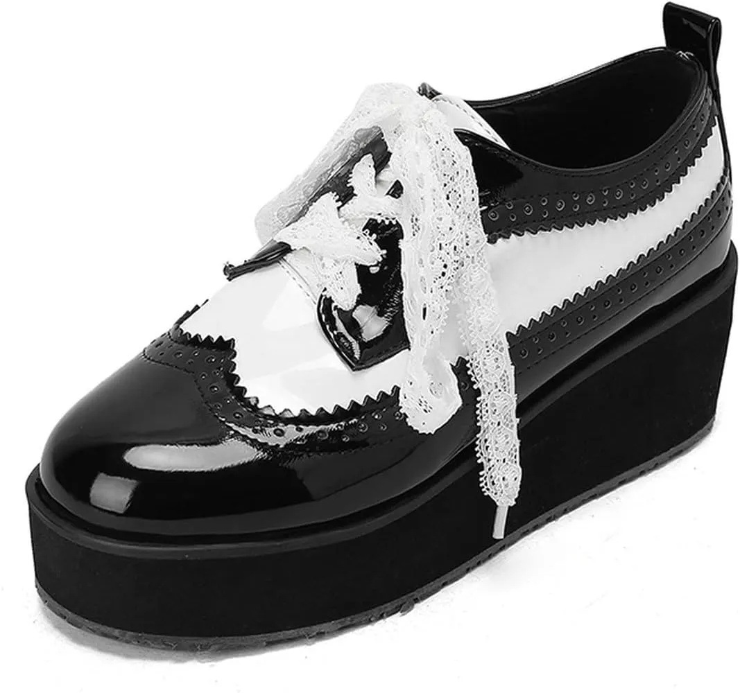 ClassicSter Women's Platform Lace Up Patent Leather Wingtips Round Toe Casual Oxford Shoes Brogues