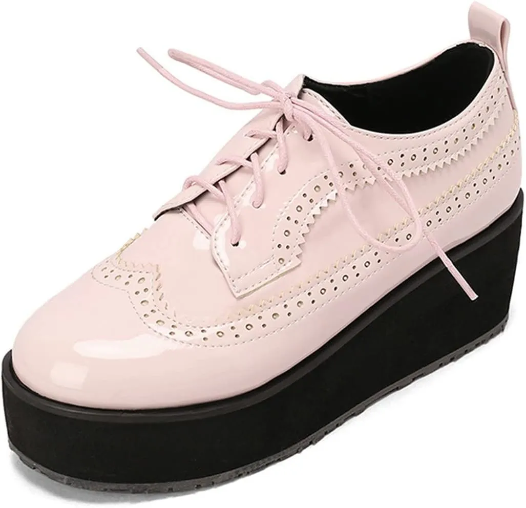 ClassicSter Women's Platform Lace Up Patent Leather Wingtips Round Toe Casual Oxford Shoes Brogues
