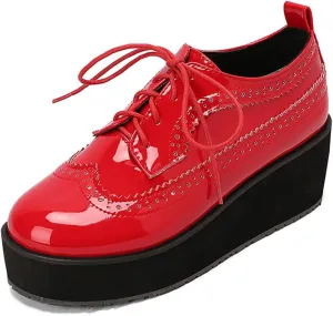 ClassicSter Women's Platform Lace Up Patent Leather Wingtips Round Toe Casual Oxford Shoes Brogues