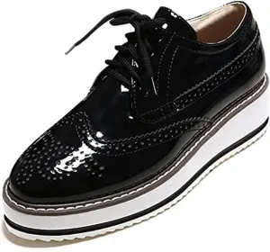 ClassicSter Women's Platform Lace Up Patent Leather Wingtips Round Toe Casual Oxford Shoes Brogues