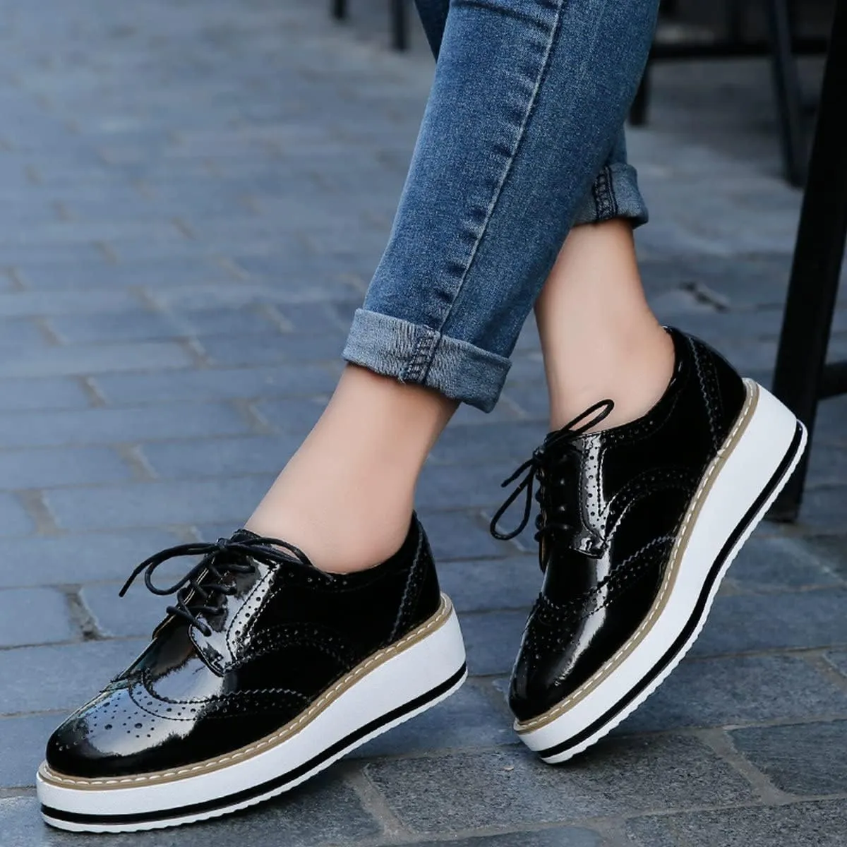 ClassicSter Women's Platform Lace Up Patent Leather Wingtips Round Toe Casual Oxford Shoes Brogues