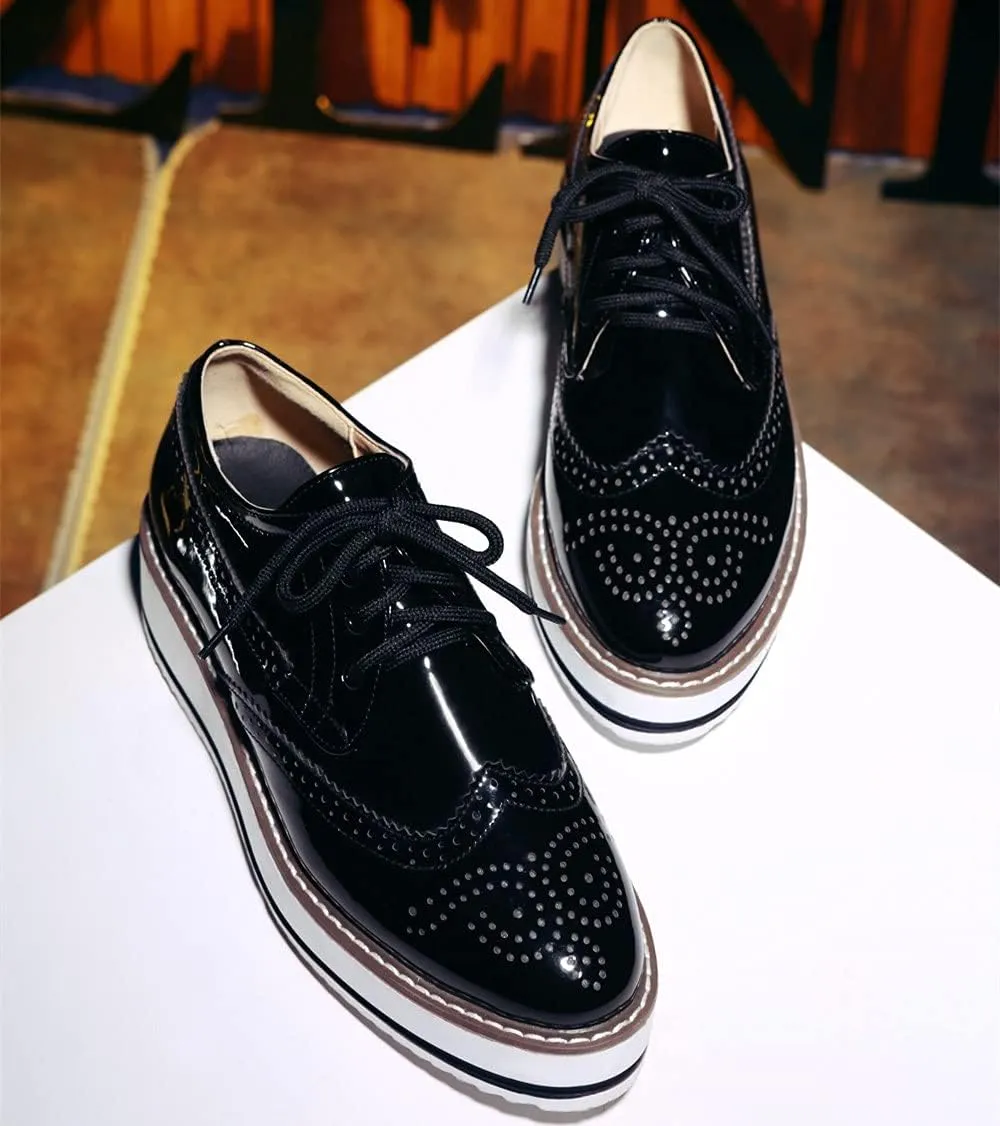 ClassicSter Women's Platform Lace Up Patent Leather Wingtips Round Toe Casual Oxford Shoes Brogues