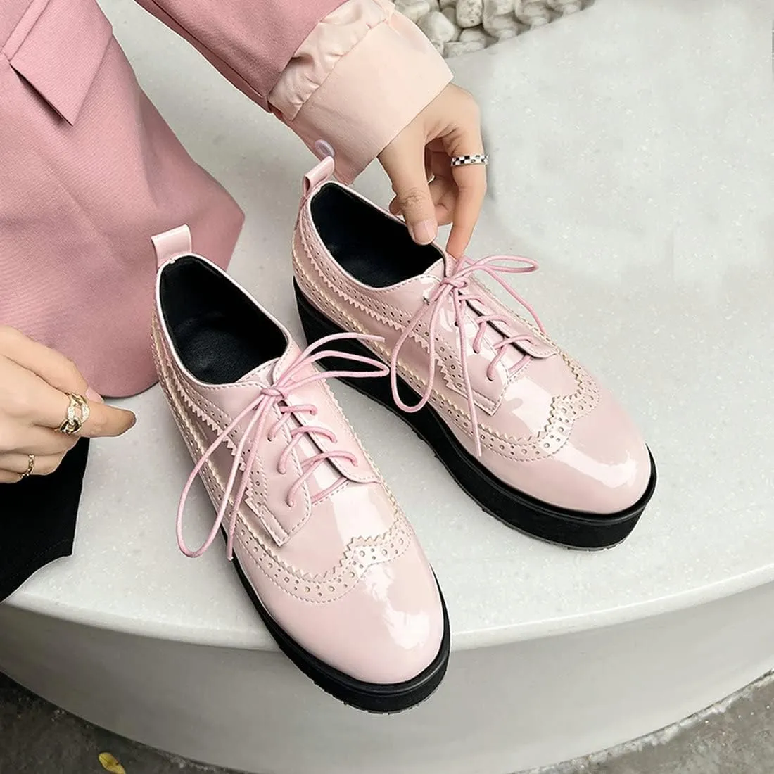 ClassicSter Women's Platform Lace Up Patent Leather Wingtips Round Toe Casual Oxford Shoes Brogues