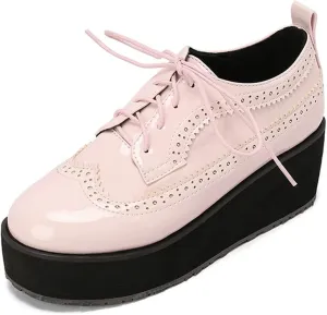 ClassicSter Women's Platform Lace Up Patent Leather Wingtips Round Toe Casual Oxford Shoes Brogues